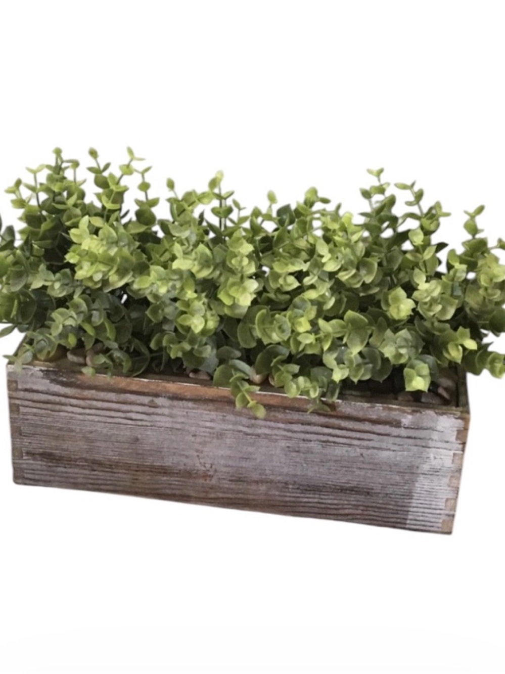 New ~ Faux Eucalyptus Plant ~ Rustic Rectangular Wood Planter ~ Artificial Plant